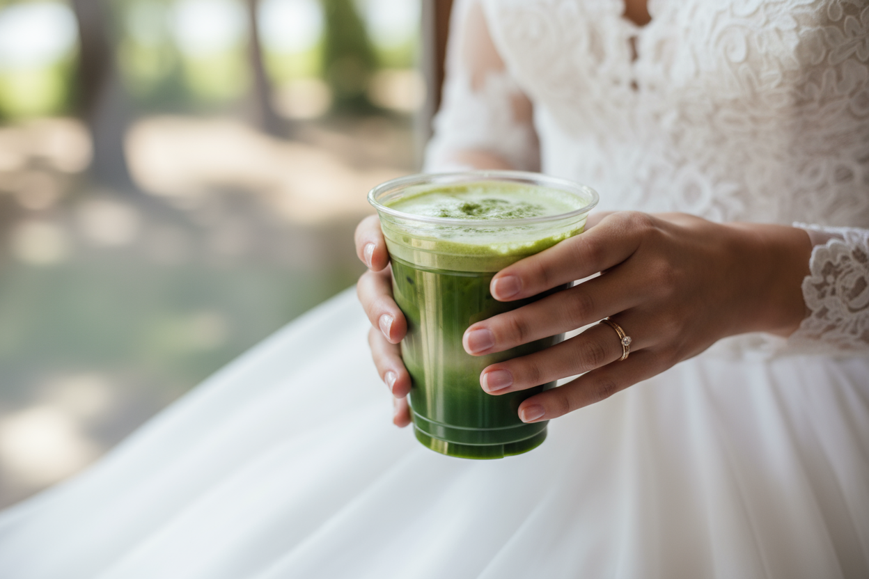 close up, the matcha cup is plastic and transparent